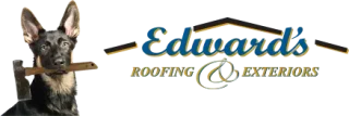 German shepherd puppy holding a hammer beside Edwards Roofing & Exteriors logo