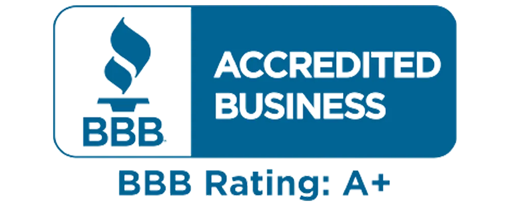 Better Business Bureau Accredited Business badge with BBB logo and BBB Rating: A+