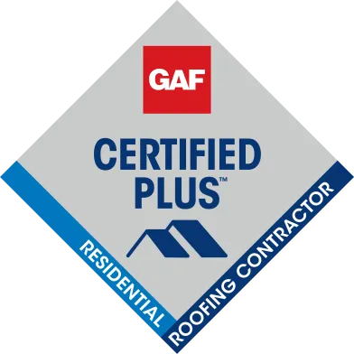GAF Certified Plus diamond badge reading Residential Roofing Contractor with stylized roof icon
