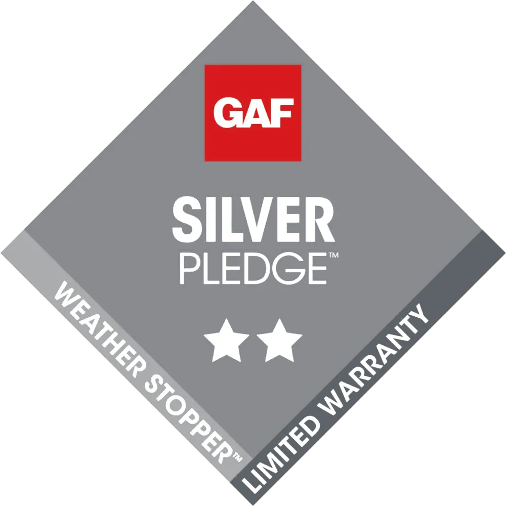 GAF Silver Pledge diamond badge with two stars and 'Weather Stopper' and 'Limited Warranty' text